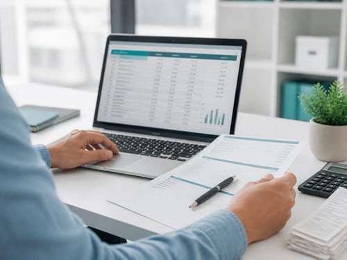 Accountant preparing a Self Assessment return with records and a spreadsheet